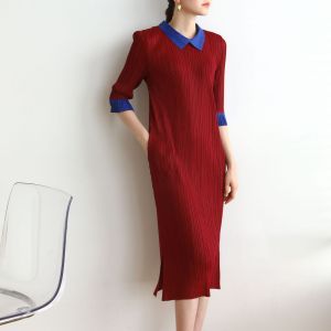 Sunya.1 Miyake Pleated Collar Color-Block Casual Dress – Stylish & Comfortable #2132