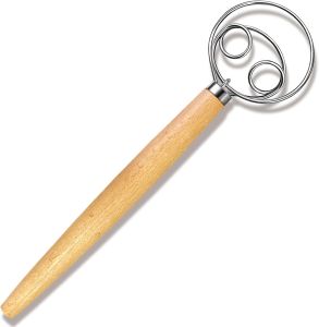 10Inch Danish Dough WhiskTraditional Wooden Handle Danish Stainless Steel Dough HookBread Whisk for Sourdough Kitchen Tools