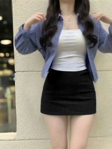 Gray Suit A-Line Mini Skirt Womens Spring Summer Autumn High Waist Slim Fit Anti-Light Short Skirt Commute Style Korean Version