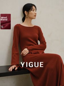 Yigue | Wool Blend Red Belted Dress New Autumn/Spring Fashion