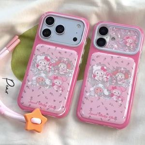 Sanrio | Cute Cartoon Flowers Pink Sanrio Hello Kitty Short Rope Wrist Strap Case For iphone 17 16 15 Pro Max Shockproof Protective Cover