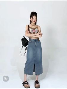 New high waist split denim skirt for women petite medium long design retro a-line skirt plus size