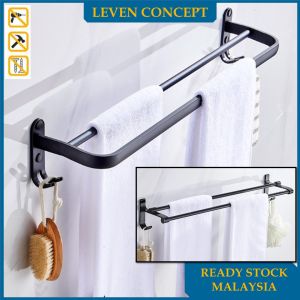 【Ready Stock】 Aluminum Bathroom Towel Rack Double Towel Bar Toilet Bathroom with Hook Storage Rack Leven Concept