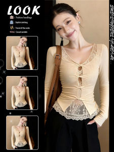 Lace Splicing Faux Two-Piece V-Neck Hollow T-Shirt
