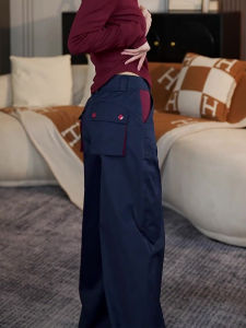 Dark Blue High Waist Straight Leg Casual Pants Womens Autumn New Style Color Block Design Loose Slimming Trousers