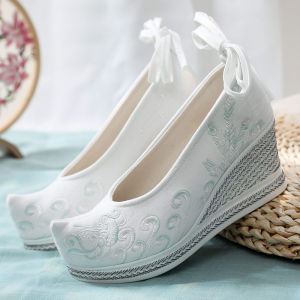 Ancient Style Han Chinese Clothing Shoes Womens High Heel Old Beijing Cloth Shoes Elegant Ancient Costume Warped Head Bow Shoes Wedge Heel Ethnic Style Embroidered Shoes