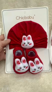 Sét Nón Turban Kèm Tất Cho Bé Sơ Sinh Màu Đỏ Tết họa tiết siêu xinh cho bé / Mũ Turban cho bé gái sơ sinh 0- 12 tháng