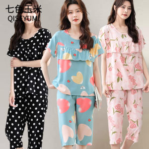 Lightweight Short Sleeve Cotton Silk Sleepwear Set for Mom Summer Home Clothes Two-Piece Suit Comfortable Breathable Womens Clothing