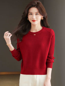 เสื้อสเวตเตอร์ถักสั้นสีแดง เสื้อคลุมกันหนาวแบบสวมหัว ทรงหลวม แขนยาว คอกลม สำหรับผู้หญิง แฟชั่นฤดูใบไม้ผลิและฤดูใบไม้ร่วง