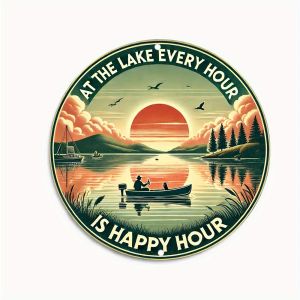 Round Metal Wall Art 2D Vintage Lake Sunset Fishing Scene Rustic Decor 19.81cm with Text "Every Hour by the Lake is Happy" Dura
