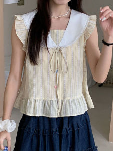 Áo Sơ Mi Nữ Cổ Thuyền Phong Cách Ngọt Ngào Mùa Hè Mới Tay Áo Bay Thắt Nơ Kẻ Sọc Dáng Rộng Thường Ngày Chất Liệu Khác Tay Áo Không Tay Áo Dài Thường