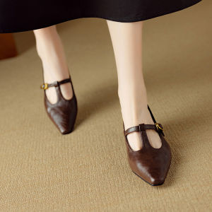 French Cat Heel Mary Janes Comfortable Leather mid Heel Single Shoes Womens Fashionable Vintage Style Slip-On round Toe Shoes