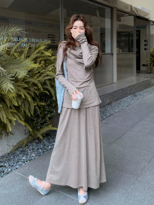 Gray Coffee Loose Feel Goddess Style Set Womens 2025 Autumn New T-shirt Shawl Midi Skirt Three-piece Set Casual Fashion