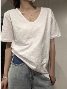 เสื้อยืดคอกลมแขนสั้นผ้าฝ้ายบางสีขาวสำหรับผู้หญิงในช่วงฤดูร้อน เสื้อเชิ้ตแขนสั้นหลวมๆ สบายๆ ทรงปกติ เสื้อผ้าทำงานสไตล์เรียบง่าย