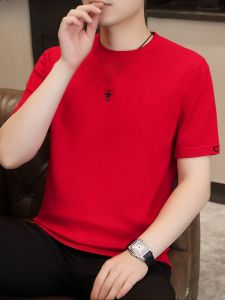 HENGYUANXIANG | Hengyuanxiang Mens Short Sleeve Sweater Round Neck Knitted Shirt Festive Inner Wear Red Color Spring Autumn Season Casual Fashion
