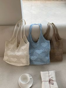 Fat Tiger Home Knitted Beach Bag Large Capacity Single Shoulder Crochet Bag Sweet Heart Hollow out Design Soft Yarn Handbag