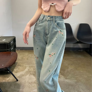 Summer Denim High Waist Straight-leg Loose Slim Looking Loose Pants Denim Chinese Style Embroidery Stylish Loose Pants Women