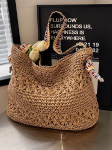 Summer Straw Woven Tote Bag Womens Fashionable Beach Vacation Large Capacity Single Shoulder Basket Handbag Soft Fabric Pure Color
