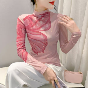 Yimei in thời trang lưới áo sơ mi mặc trong ngọt ngào thanh lịch và xinh đẹp của phụ nữ t-shirt 2023 phiên bản Hàn Quốc mùa thu Mới Top