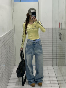 American Style Vintage Washed Denim Jeans Womens Cat Loose Straight Leg High Street Trendy Pants Long Jeans Blue Denim