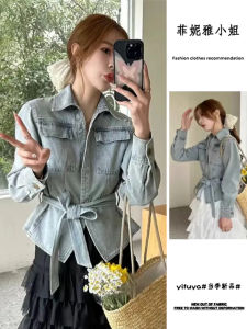 Retro Washed Denim Jacket Womens Spring 2025 New Style Slimming Belted Asymmetrical Top Fashionable Commute Regular Sleeve