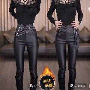 Slim Fit Fleece Lined Bootcut Pants Womens High Waist Long Trousers Diamond Rhinestone Side Button Elastic Bottoming Pants