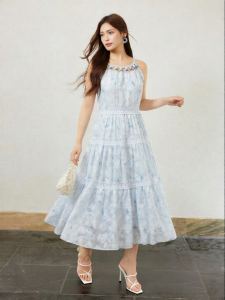 Embroidered Beaded Halter Neck Vacation Long Dress