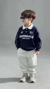 Set bộ nỉ polo dài tay áo cổ dệt họa tiết thể thao kèm quần dài bé trai 11 tới 28kg BERNIE H0525B05