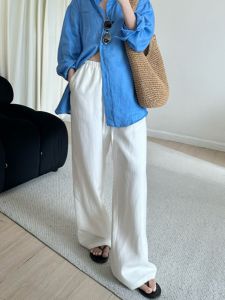 Quần Ống Rộng Vải Lanh Trắng Mùa Hè Mỏng Co Giãn Cạp Cao Vải Lanh Cotton Quần Dài Ống Đứng Nhanh Khô Quần Dài Thường Ngày Cho Nữ