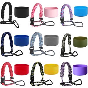 Water Bottle Boot and Paracord Handle for Aquaflask 32&40 oz 12 to 24 oz Protective Bottom Non-Slip Silicone Sleeve Cover and Paracord Handle Set for Wide Mouth Bottles