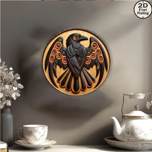 1pc Vintage Raven Round Metal Sign - 2D Flat Printing Black & Red Feather Design Traditional Contemporary Wall Art for Home