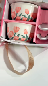 Hakishop Pink Tulip Ceramic Bowl Set Four Pieces Gift Box Handle Sweet Moments Text Spring Flower Gift Kitchenware Tableware Dinnerware Bowls