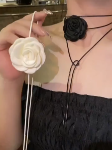 Mesh Flower Choker Pearl Black White French Romantic Necklace Camellia