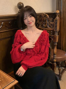 Red V-Neck Handmade Crochet Christmas Sweater Womens Autumn Winter Loose Age-Defying Belted Knitted Shirt Stylish Elegant Top