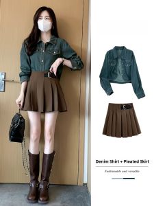 AMILUCK | Womens Denim Shirt Skirt Two-Piece Set Autumn New Style Elegant High Quality Cotton Blend Fabric Amiluck Brand