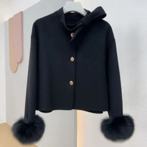 Áo Khoác Lông Cáo Thật Tự Nhiên Cho Nữ Cổ Lông Cừu Áo Khoác Ngoài Len Cashmere Áo Khoác Len Dày Ấm Kiểu Dáng Thường Ngày Cổ Tròn Cài Khuy Đơn Áo Khoác Mùa Đông
