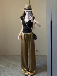 Golden Shine Satin Wide Leg Pants Womens Summer New LuxurySense Drape Straight Casual Trousers Polyester Fiber Long Pants