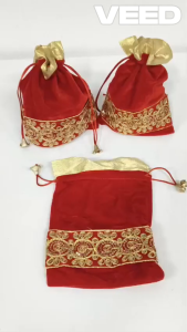 Premium Red Velvet Potli Bag with Golden Embroidery | Decorative Return Gift Pouch for Pooja Wedding Diwali Jewellery & Gift Packing (Pack of 1 Pc)