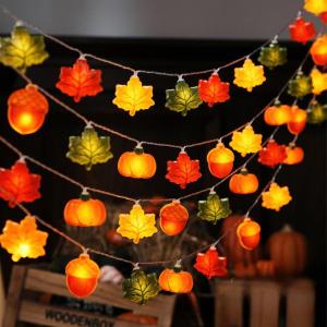 LED Pumpkin Maple Leaf Acorn String Lights，Fall Harvest Decor for Halloween Thanksgiving Christmas Party Garden Fireplace