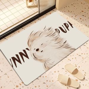 VIKAMA Bath Mat Cute Fluffy Puppy Abstract Line Print Cream Background Non‑Slip Absorbent Floor Mat Bathroom Home Decor