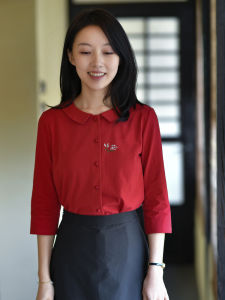 Retro Elegant Knitted Embroidered Collar Straight Front Buttoned Cotton Polyester Blend Womens Shirt Pure Color Breathable