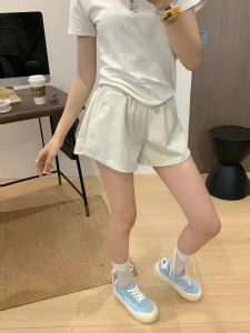 Quần Short Thể Thao Thường Ngày Bằng Cotton Nguyên Chất Màu Trắng Hoa Xám Cạp Cao Dáng Chữ a Rộng Rãi Mùa Hè Cho Nữ