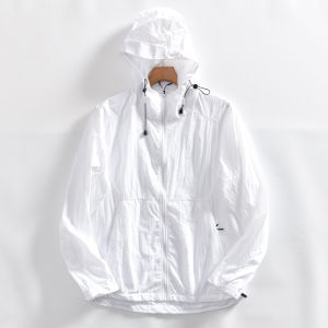 Mens Summer Casual Hooded UPF50+ Sun Protection Lightweight Breathable Outdoor Jacket Nylon Fabric Long Sleeve Zipper Closure