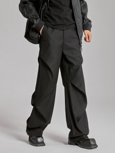 กางเกงทหารร่มพับสไตล์อเมริกันสำหรับผู้ชายและผู้หญิง กางเกงขายาวทรงหลวมสบายๆ สีดำ กางเกงขายาวทรงเอวกลาง ทรงหลวม ทรงหลวม ทรงหลวม