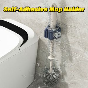 Wall Mounted Plastic Hanging Mop Storage Rack Self-adhesive Mop Holder Punch-Free Clip Hook Space Saving for Broom Mop Storage