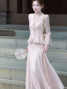 ชุดสองชิ้นปักลายสไตล์จีนใหม่สำหรับผู้หญิง ฤดูใบไม้ร่วง/ฤดูหนาว ชุดเสื้อแขนยาวและกระโปรงสั้น ชุดแฟชั่นสุดหรู