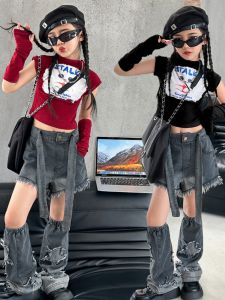 ชุดเต้นแจ๊สแฟชั่นสำหรับเด็กผู้หญิง ชุดการแสดงวัยกลางคนและโต ชุดเต้นฮิปฮอป ชุดโชว์ท้องชิ้นสั้น ชุดการแสดงแฟชั่น