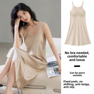 Miiow | Silky Ice Silk Chemise Nightgown Womens Summer New Style With Chest Pad Breathable High-End Feel Strap Sleepwear Casual Home