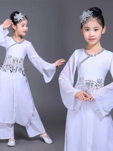 Kids Classical Dance Costume Childrens Yangge Clothes Fan Dance Performance Wear Womens Long White Silk Sleeves Umbrella Dance Ink Painting Dancing Dress