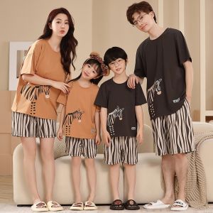 Pure Cotton Family Matching Pajamas Summer Thin Short Sleeve Cartoon Home Clothes for Mother Son Father Daughter Boy Girl